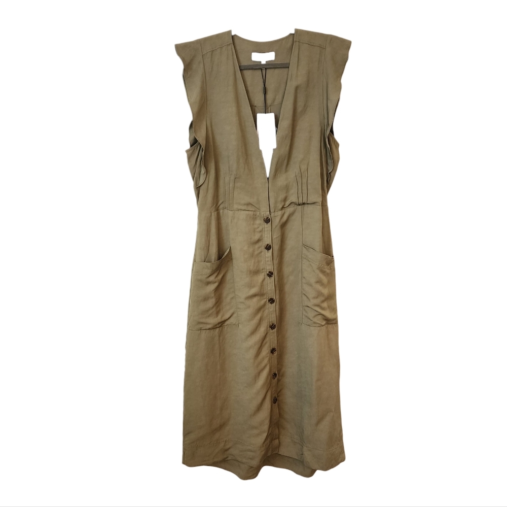 REISS Plunge Frill Midi Dress Olive Green Fall